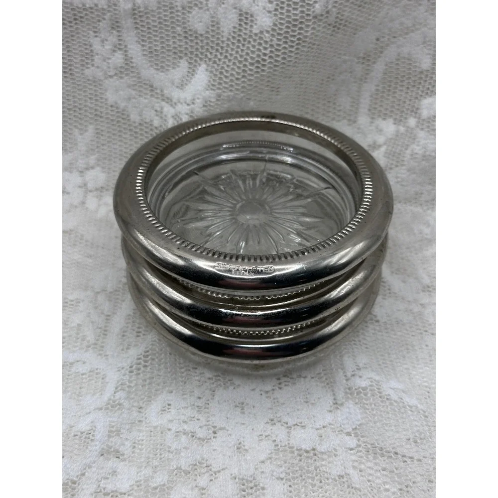 Vintage Silver Plated Glass Coasters Set of 3 Starburst Sunburst Italy Barware